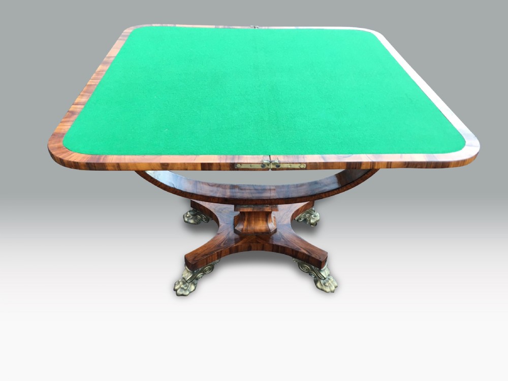 A SUPERB REGENCY GONCALO ALVES & HOLLY INLAID CARD TABLE IN THE MANNER OF GEORGE OAKLEY. View II
