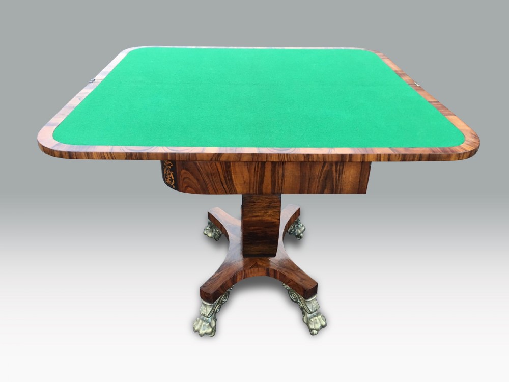 A SUPERB REGENCY GONCALO ALVES & HOLLY INLAID CARD TABLE IN THE MANNER OF GEORGE OAKLEY. View III