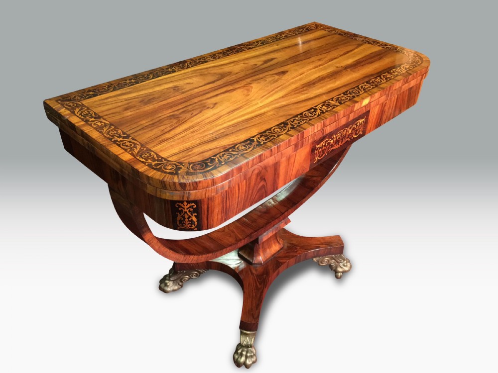 A SUPERB REGENCY GONCALO ALVES & HOLLY INLAID CARD TABLE IN THE MANNER OF GEORGE OAKLEY. View VI