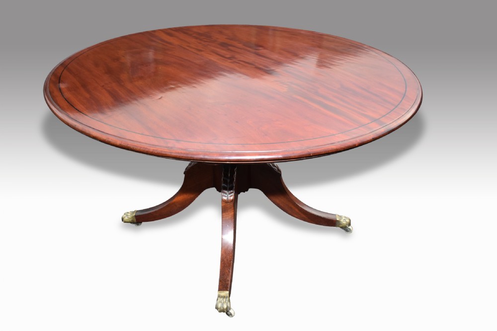 A Regency mahogany tilt-top oval breakfast table featuring ebony line inlay around the perimeter and a central pedestal with splayed quadruped legs terminating in brass claw castors.