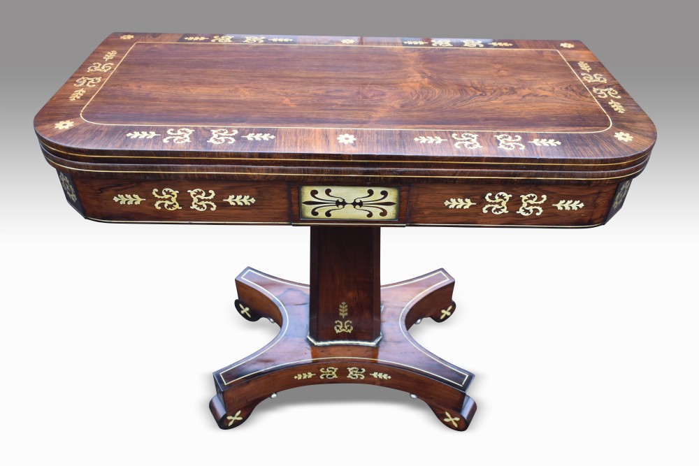 A SUPERB REGENCY ROSEWOOD & BRASS INLAID CARD TABLE.