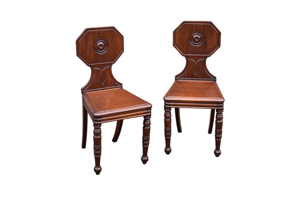 Pair of Regency mahogany hall chairs. View III