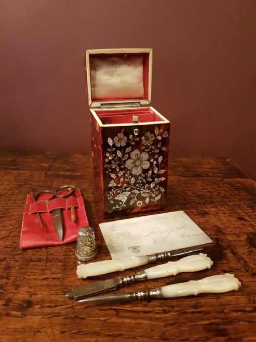 Superb Tortoise Shell and Mother of Pearl Sewing and Manicure Box