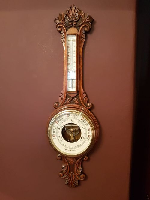 Victorian Carved Oak Banjo Barometer with Skeletonised Movement