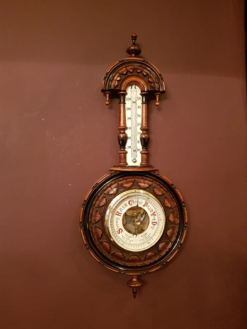 Antique Carved Walnut Pendant Barometer