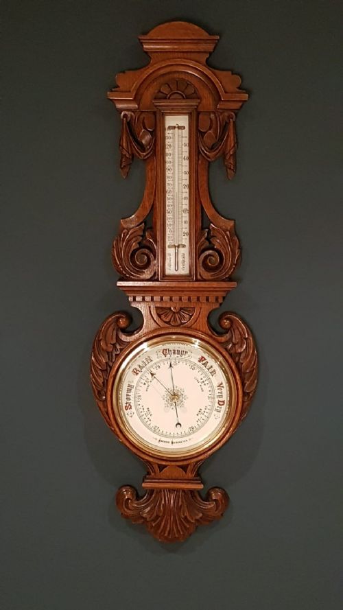 Impressive Antique Victorian Carved Oak Banjo Barometer