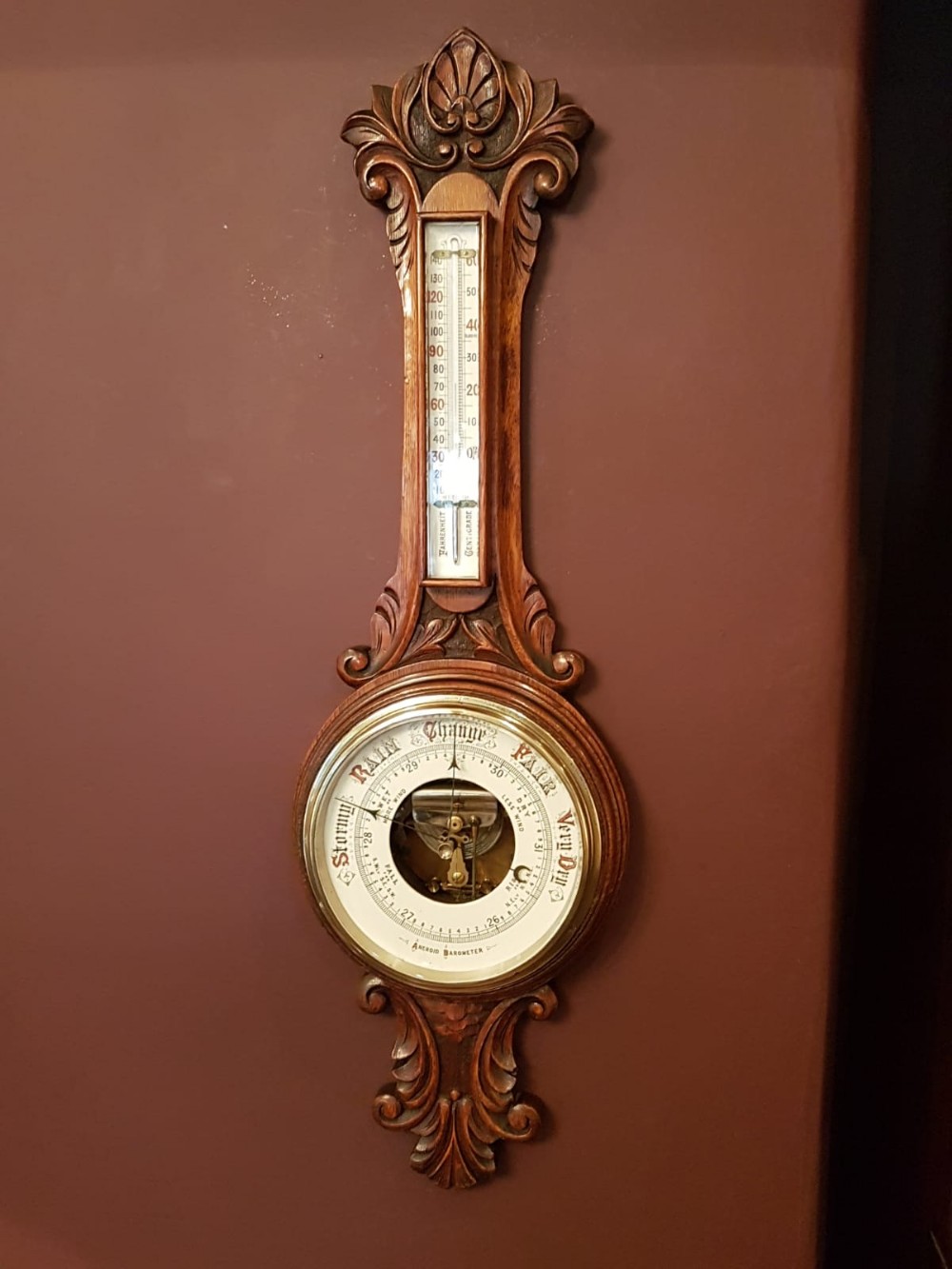 Victorian Carved Oak Banjo Barometer with Skeletonised Movement