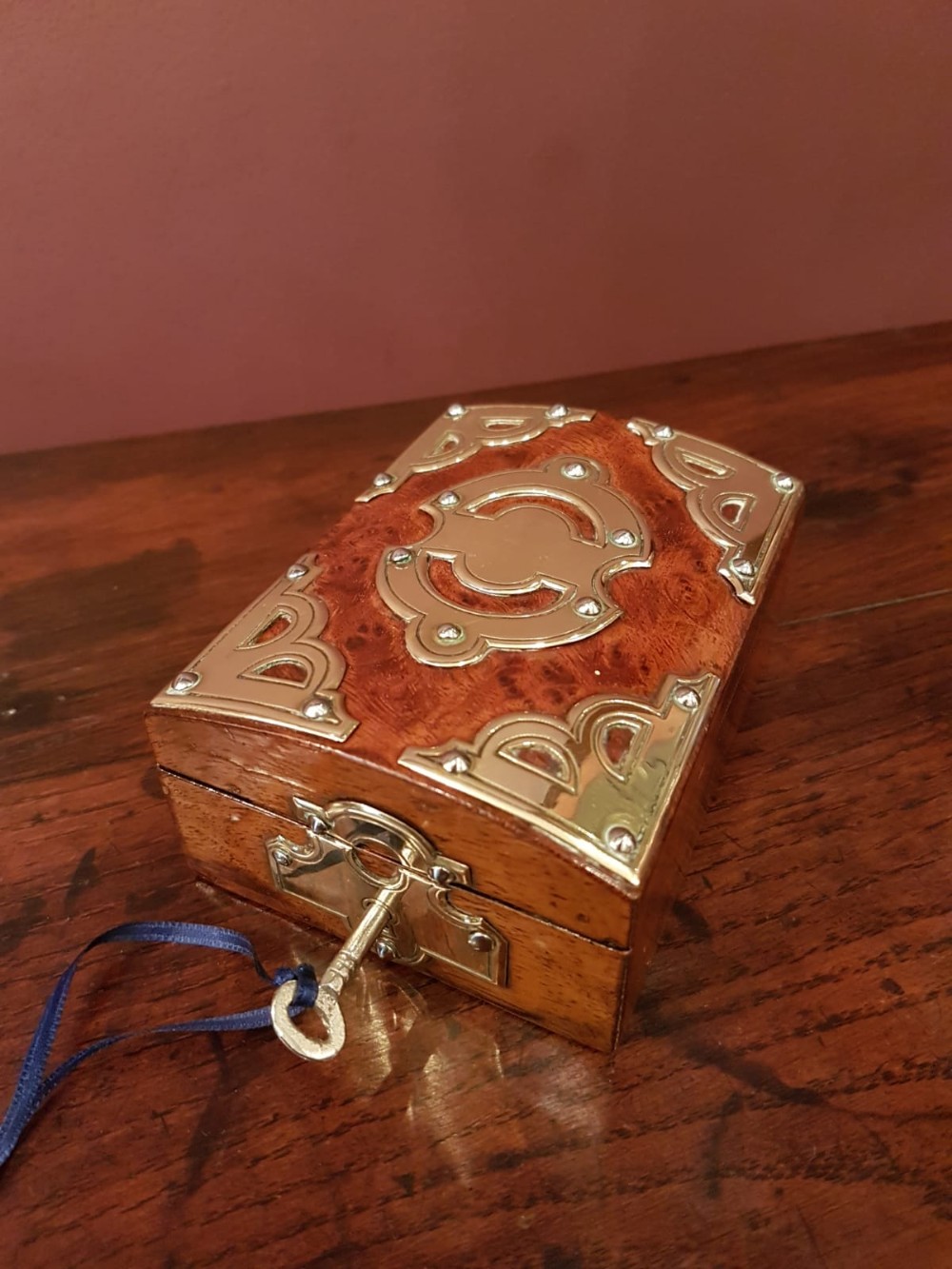 Victorian Burr Walnut Brass Bound Pocket Watch Box