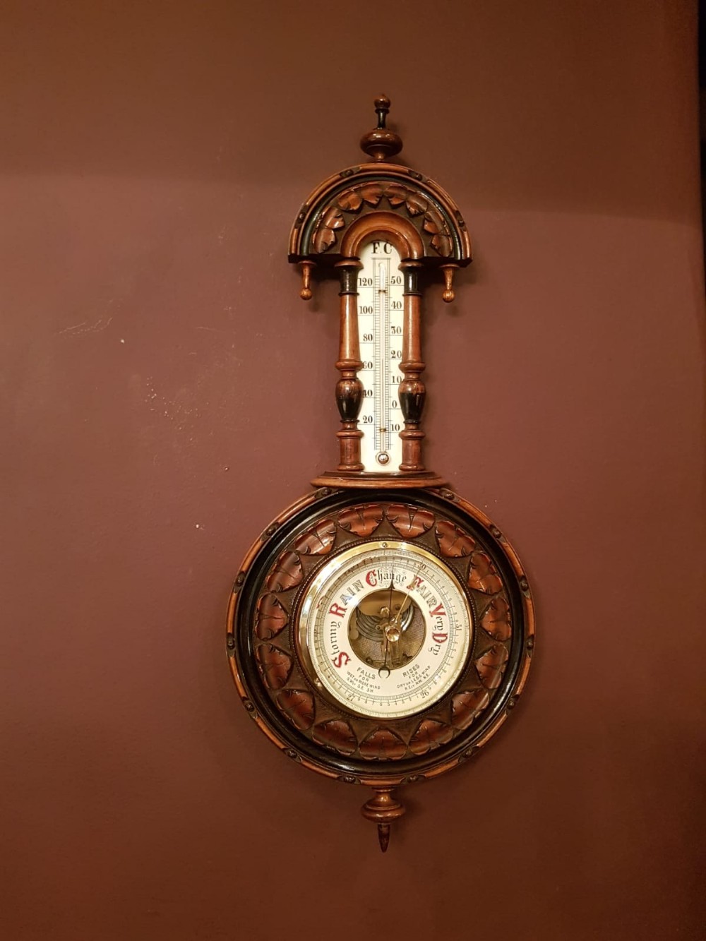 Antique Carved Walnut Pendant Barometer