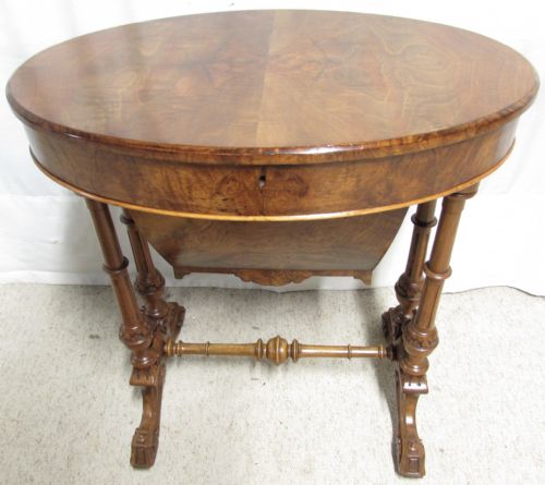 Oval Burr Walnut Victorian Workbox Table