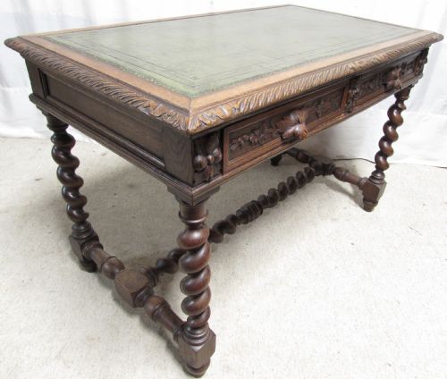 Carved Oak Leather Top Hall Table