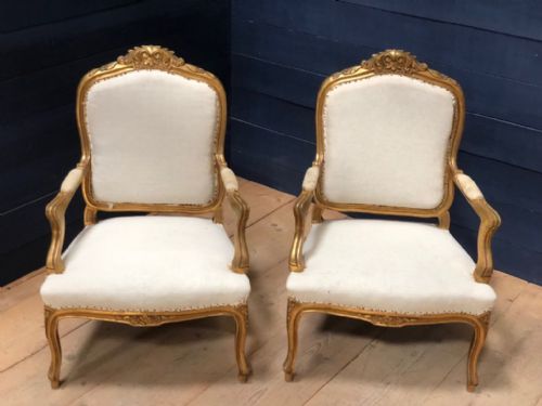 Pair French Gilt Wood Louis Xv Arm Chairs