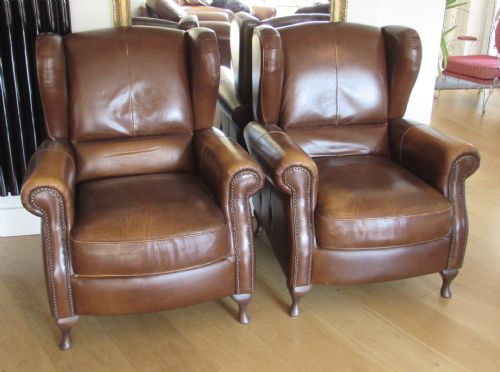 Pair Leather Wing Arm Club Chairs
