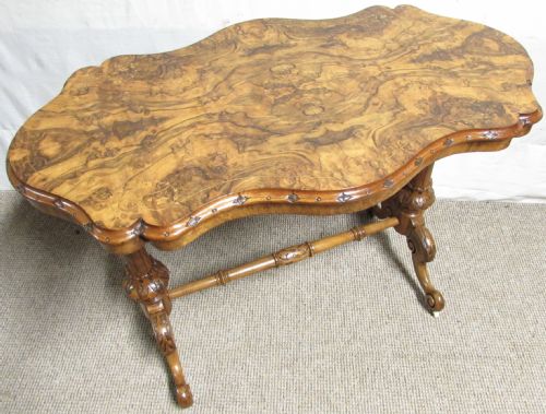 Burr Walnut Victorian Inlaid Stretcher Table