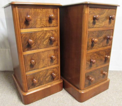Pair Burr Walnut Victorian Bedside Chest of Drawers