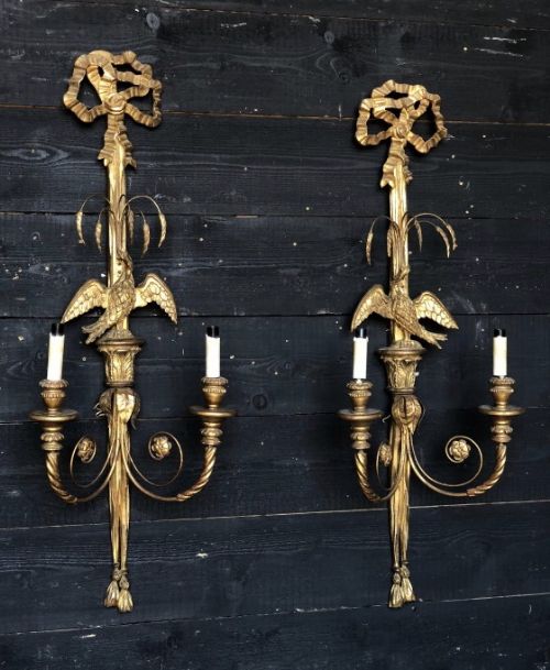 Large Pair 19th C Gilt Wood Wall Lights