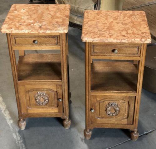 Pair French Marble Top Bedside Cupboards