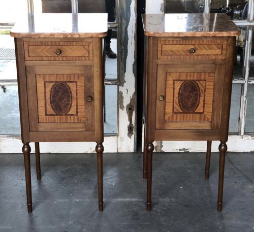 Pair French Marble Top Bedside Cupboards