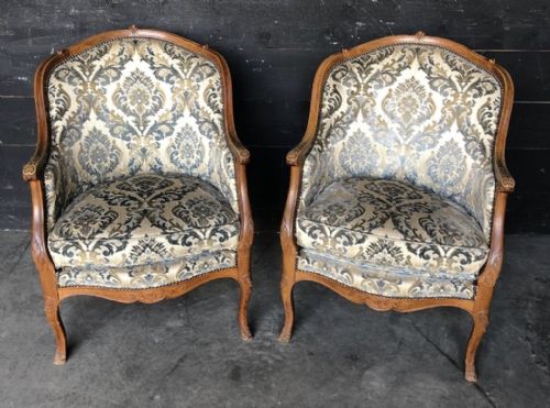 Pair French Walnut Upholstered Arm Chairs