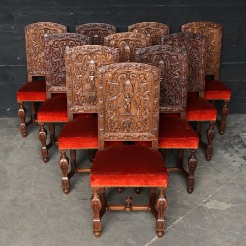 Set 10 Walnut Renaissance Dining Chairs