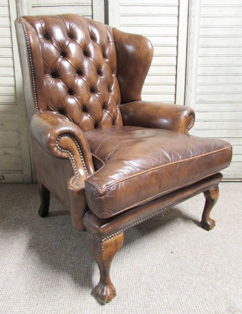 Leather Buttoned Wing Arm Chair