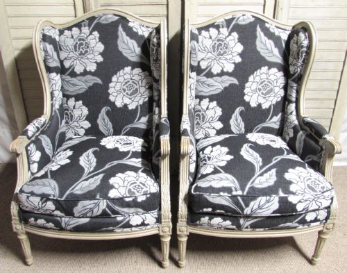 Pair French Bergere Arm Chairs Newly Upholstered