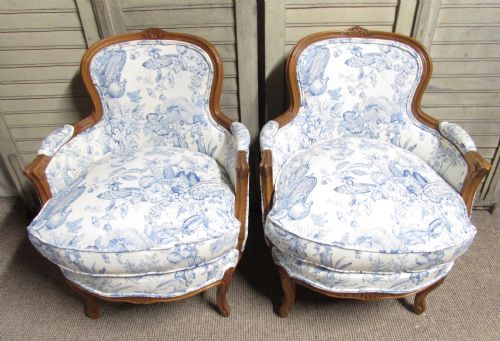 French Walnut Pair of Bergere Arm Chairs