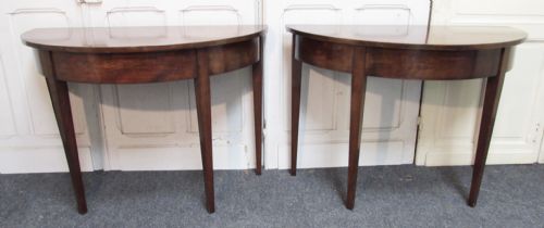 pair georgian mahogany half moon tables - CATEGORY: ANTIQUE TABLES - DATED GEORGIAN