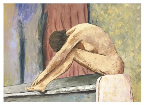 Signed French Impressionist Huge Oil - Nude Bather
