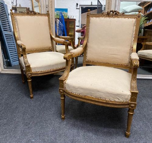 Pair French Gilt Wood Arm Chairs