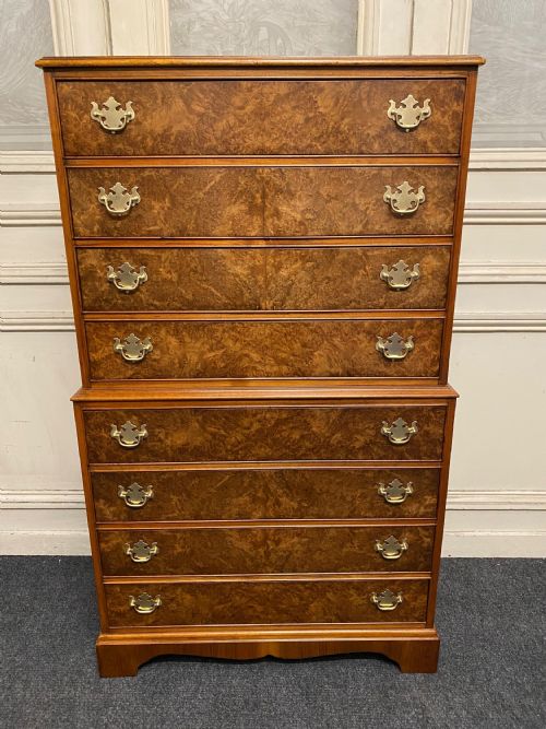 Burr Walnut Chest on Chest of Drawers