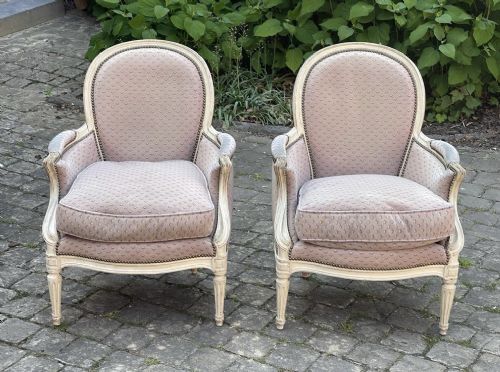 Pair French Bergere Upholstered Arm Chairs