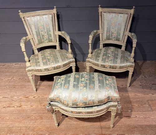 Pair French Arm Chairs with Stool
