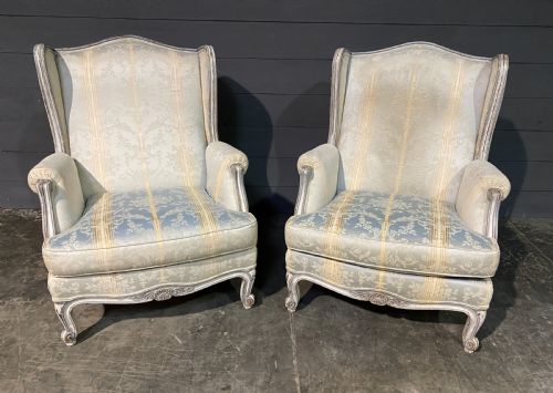 Generous Pair French Wing Arm Chairs
