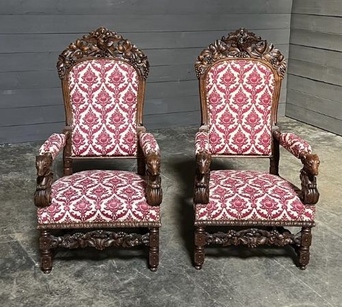 Very Impressive Large Pair Carved Arm Chairs