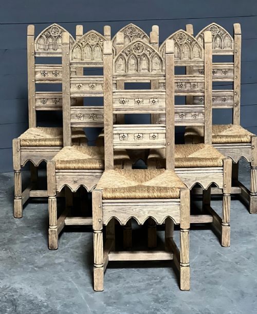 Set 6 French Gothic Oak Dining Chairs
