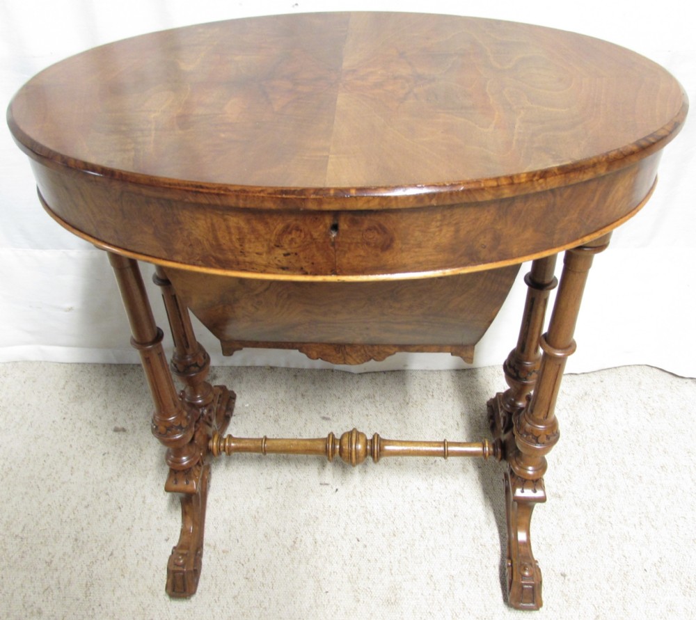 Oval Burr Walnut Victorian Workbox Table