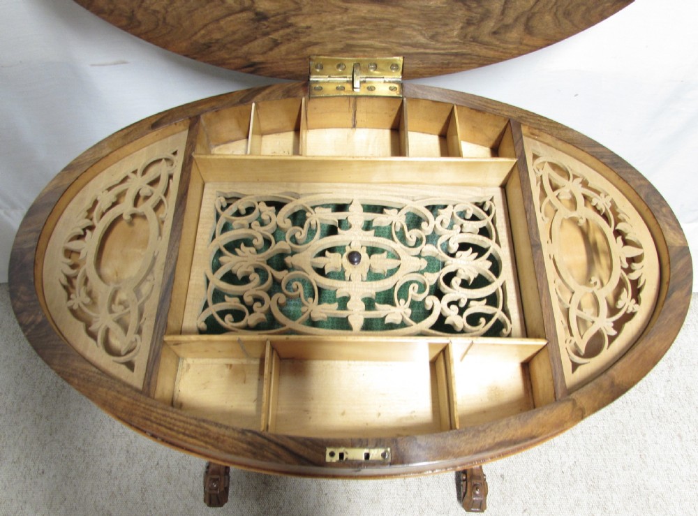 Oval Burr Walnut Victorian Workbox Table View V