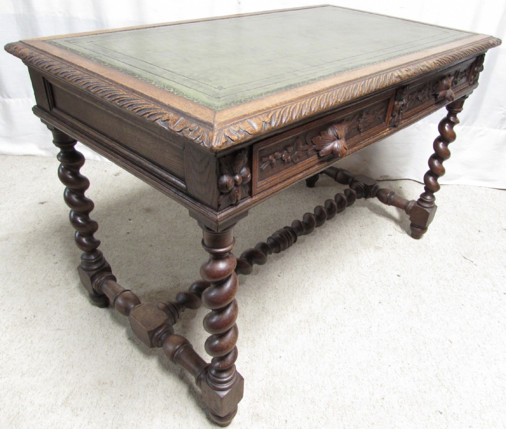 Carved Oak Leather Top Hall Table