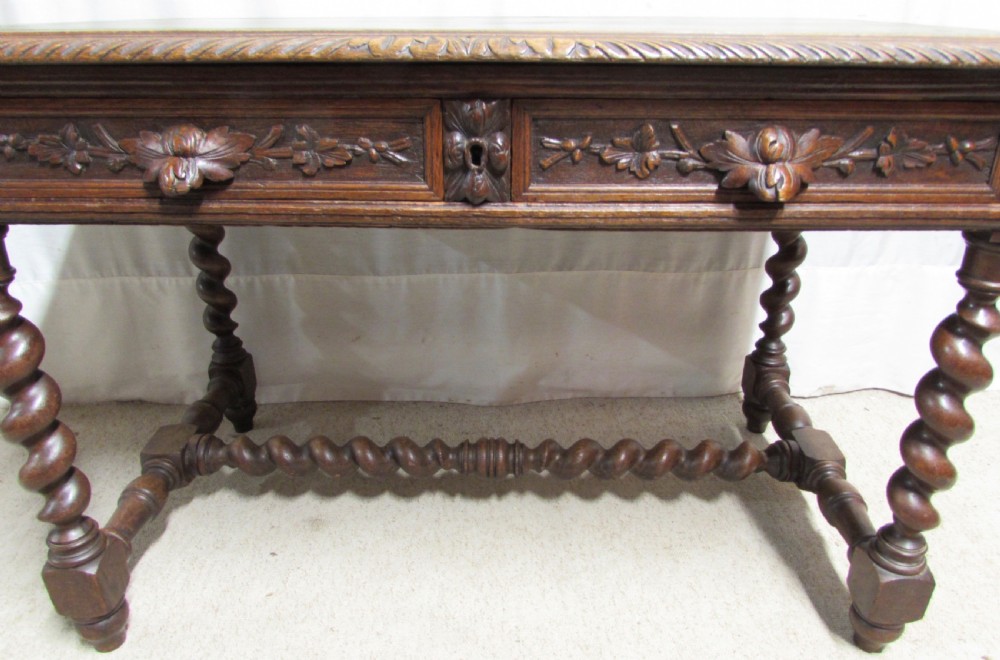 Carved Oak Leather Top Hall Table View VII