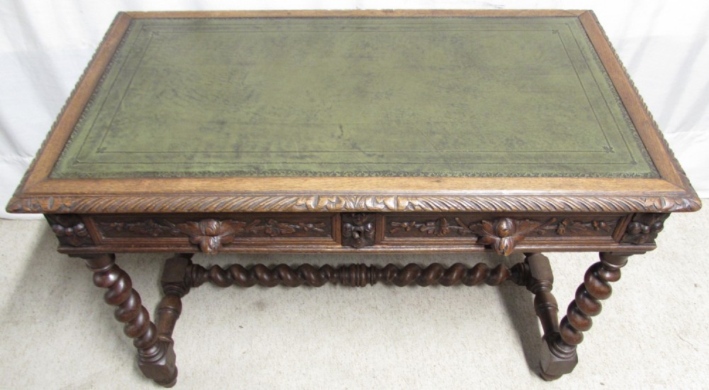 Carved Oak Leather Top Hall Table View IX
