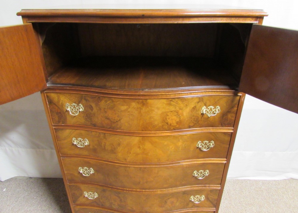 Burr Walnut Serpentine Chest of Drawers with Cupboard Over. View V