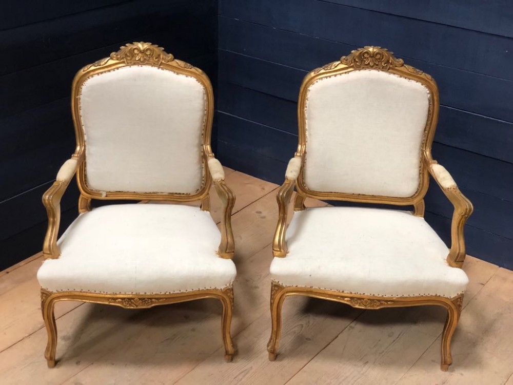 Pair French Gilt Wood Louis XV Arm Chairs