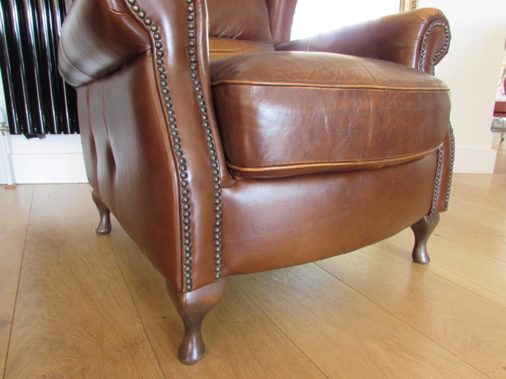 Pair Leather Wing Arm Club Chairs View V