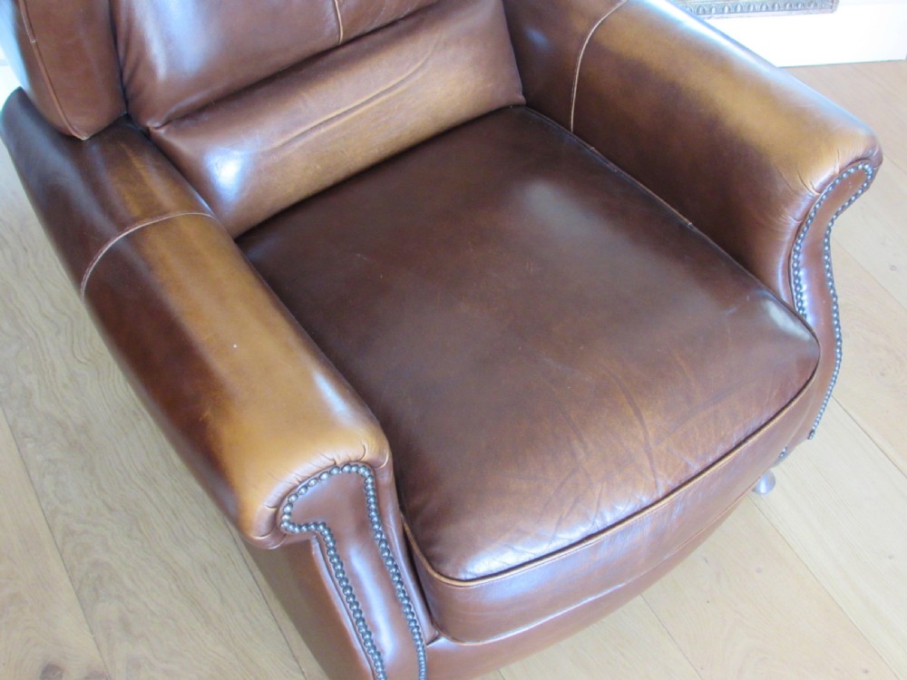 Pair Leather Wing Arm Club Chairs View X