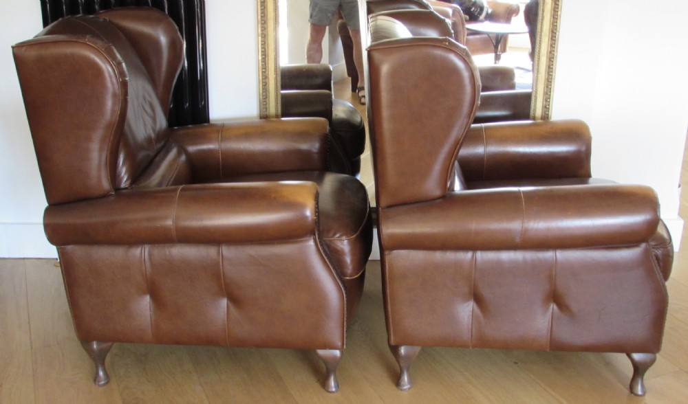 Pair Leather Wing Arm Club Chairs View XV