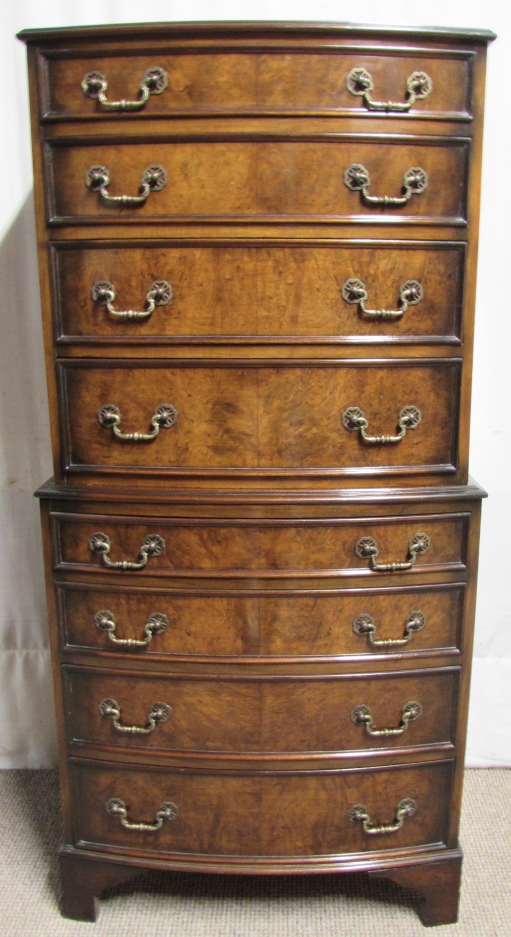Burr Walnut Bow front Chest on Chest