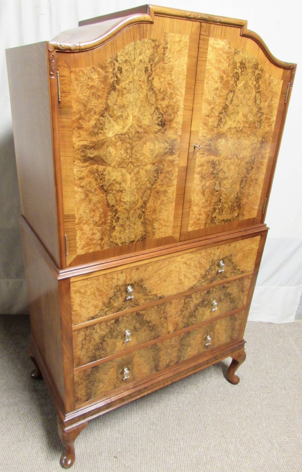 Burr Walnut Linen Cupboard over Chest of Drawers