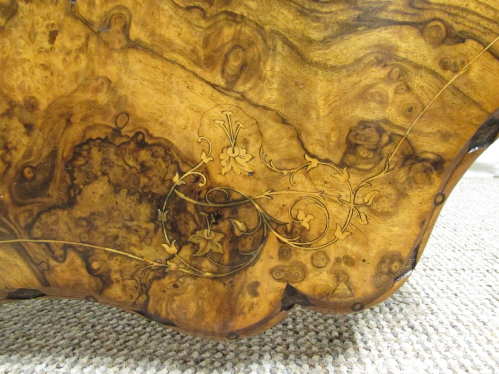 Burr Walnut Victorian Inlaid Stretcher Table View II