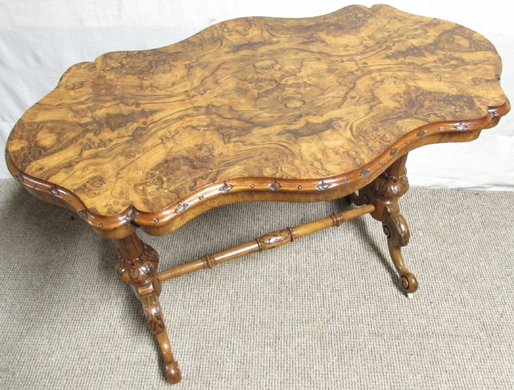 Burr Walnut Victorian Inlaid Stretcher Table